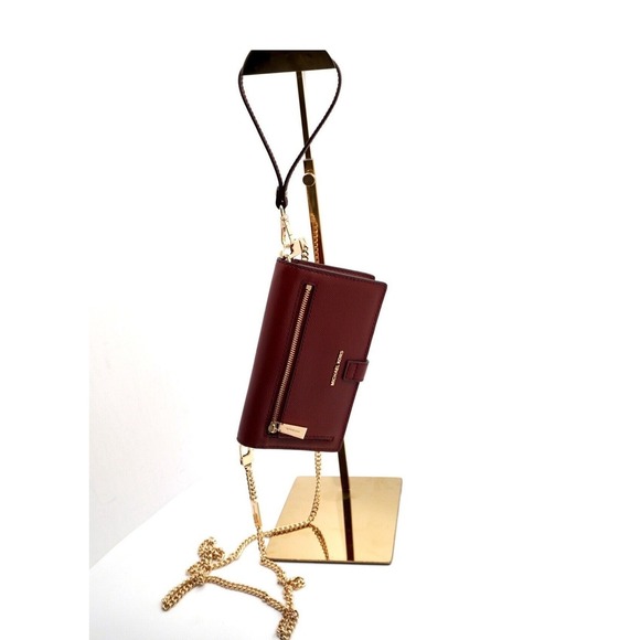 Michael Kors Burnt Red Leather Wallet on Chain Crossbody Clutch Handbag 37-08 - Picture 1 of 6